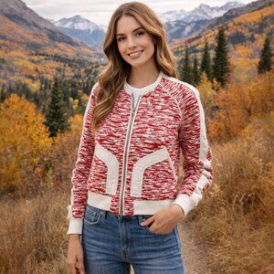 IRO Kenta Red Cream Luxury Knit Textured Marled Knit Bomber Jacket Size 36